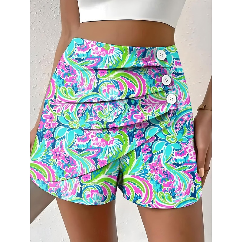 Women's Chinos Shorts Vacation Vintage Ethnic Style Short High Waist Floral Graphic Pleated Micro-elastic Formal Vacation Street White Yellow Pink Red Summer Spring Regular Fit