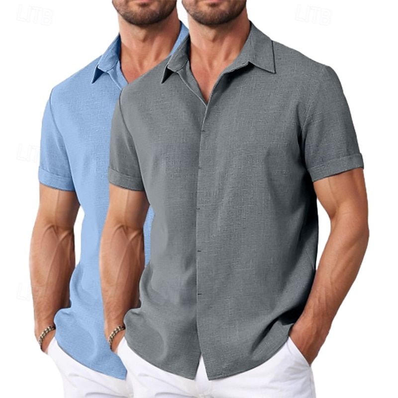 Men's Shirt Linen Shirt Summer Shirt Casual Shirt Beach Shirt Button Up Shirt Plain Vacation Casual White+Pink White+Green Khaki+Black Green+Khaki Short Sleeve Collar Summer Clothing Apparel Plain2