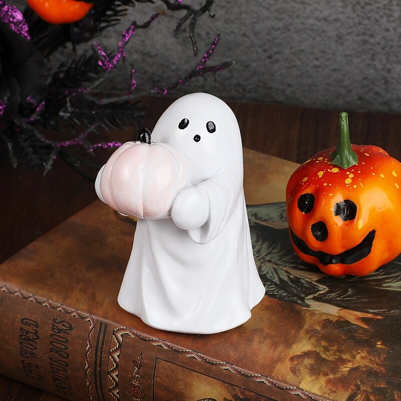 Halloween Cute Cute Ghost Decoration Figurine Holding Pumpkin, Resin Desktop Ornament for Holiday Party Atmosphere and Home Decoration3