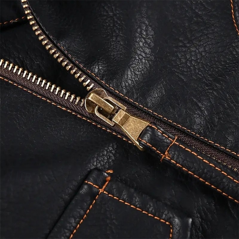 Men's Faux Leather Jacket Biker Jacket Motorcycle Jacket Vacation Daily Windproof Warm Zipper Pocket Fall Winter Plain Fashion Classic Lapel Regular Black Jacket4