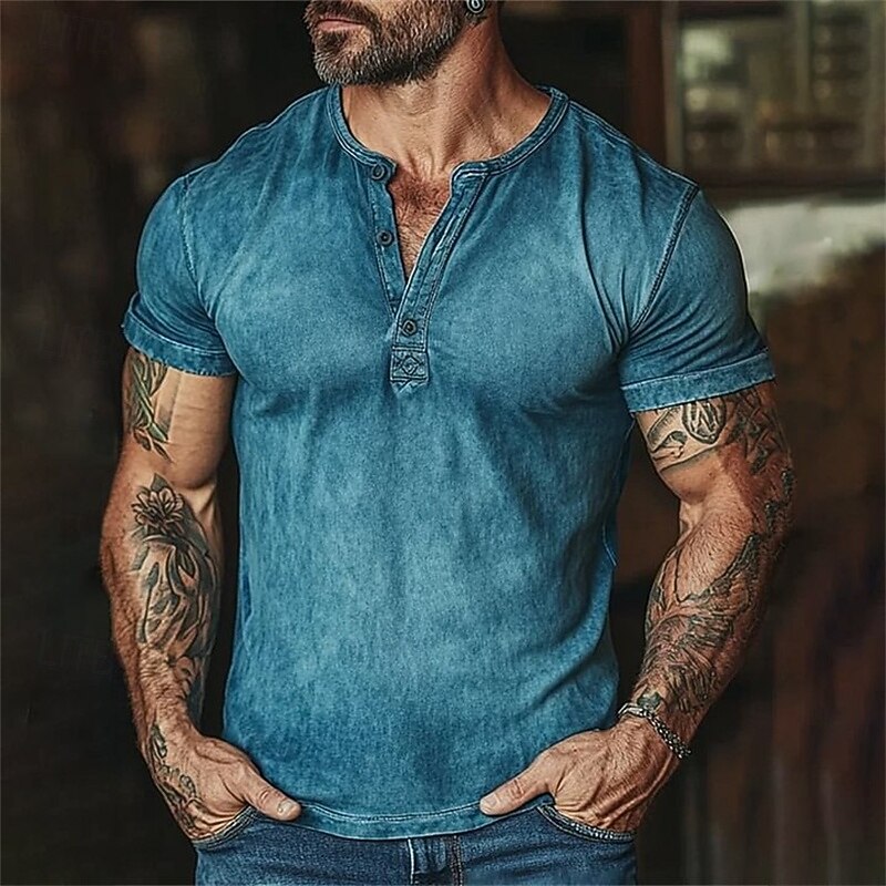 Men's T Shirt Henley Shirt Tee Short Sleeve Shirt Short Sleeve Henley Summer Plain Fashion Designer Basic Buttons Vacation Street Going out Blue Top Tee for Men