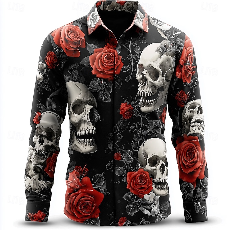 Men's Skeleton Halloween Costumes Day of the Dead Shirt Button Up Shirt Long Sleeve Dark Gothic Style Holiday Streetwear Spring Fall Turndown 3D Print Collared Shirts Black White