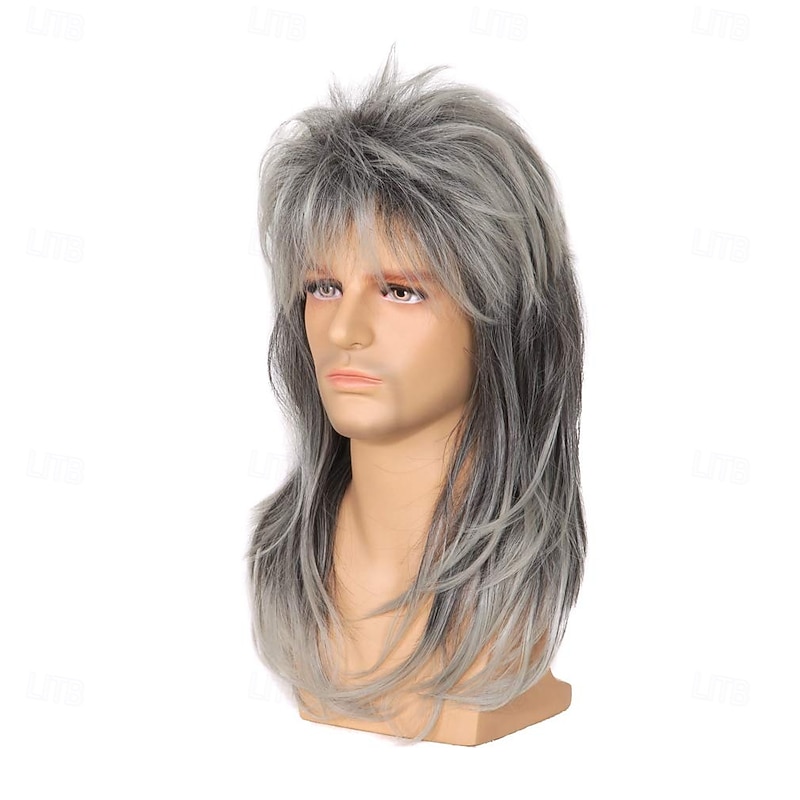 Mens Grey Gradient Mullet Wigs 80s Rock and Roll Wigs for Men Shoulder Length Natural looking Heat Resistant Synthetic Fiber Movie Cosplay Wig Halloween Wigs4