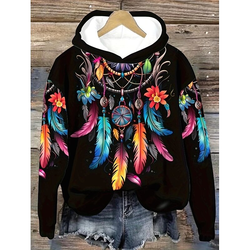 Women's Hoodie Pullover Sweatshirt Oversized Long Sleeve Casual Graphic Tribal Vintage Fashion Western Hooded Regular Tops Street Dailywear Holiday Print Front Pocket Black Fall Winter