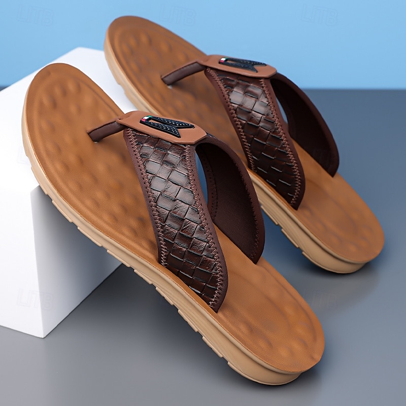 Men's Brown Faux Leather Flip Flops with Woven Pattern Strap Soft EVA Sole Comfortable for Vacation Resort and Everyday Summer Outfits4