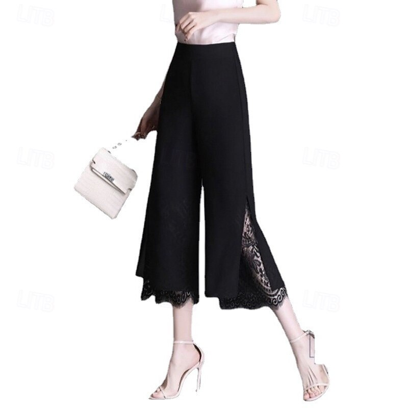 Women's Wide Leg Capri Pants Streetwear Casual Calf-Length High Waist Plain Lace Breathability Soft Micro-elastic Vacation Street Daily Wear Black Summer Regular Fit4