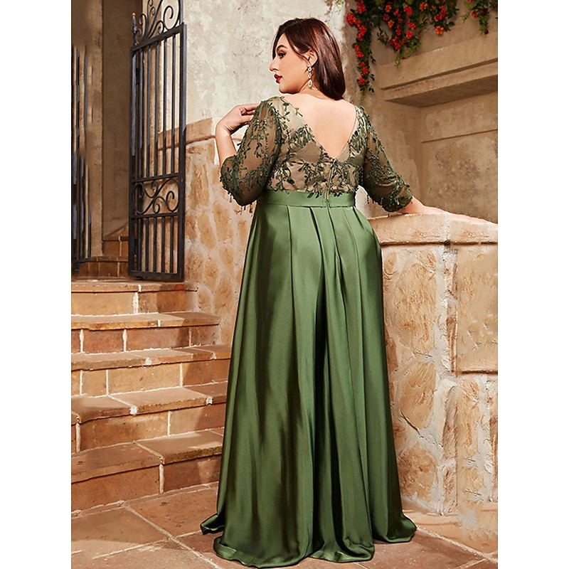 A-Line Evening Gown Elegant Dress Formal Wedding Floor Length 3/4 Length Sleeve V Neck Satin V Back with Pleats4