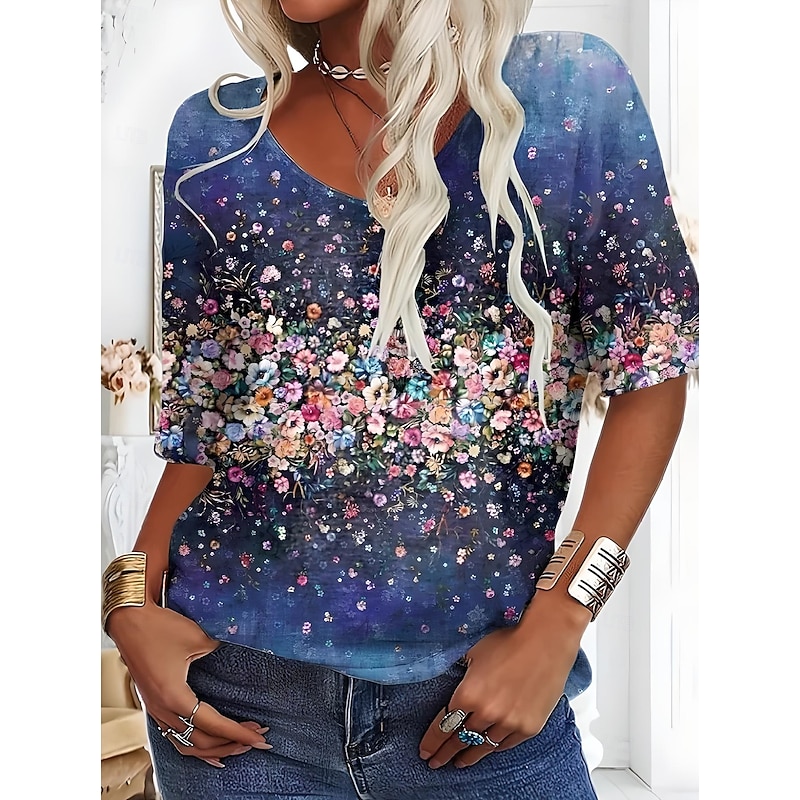 Women's T Shirt Floral Graphic Plants Vintage Fashion Hawaiian Short Sleeve V Neck Regular Tops Daily Going out Weekend Print Red Blue Green Light Blue Summer Spring