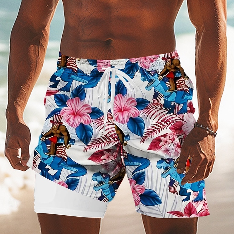 Independence Day Men's US Flag Patriotic Tropical Plants Lined Shorts 2 in 1 Board Shorts Swim Trunks Mid Waist Holiday Side Pockets With Compression Liner Elastic Drawstring Waist Designer Clothing2