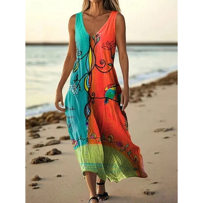 Women's Long Dress Maxi Dress Casual Dress Tank Dress Summer Dress African Daily Holiday Beach Regular Fit Floral Color Block Sleeveless V Neck Yellow Red Royal Blue Blue Summer2