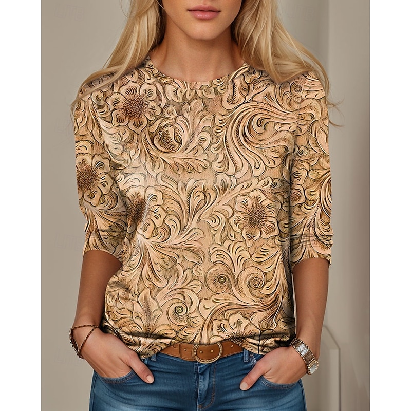 Women's T shirt Long Sleeve Crew Neck Long Sleeve Tunic Floral Graphic Plants Vintage Stylish Classic Regular Tops Daily Weekend Print Yellow Beige  Prefall3