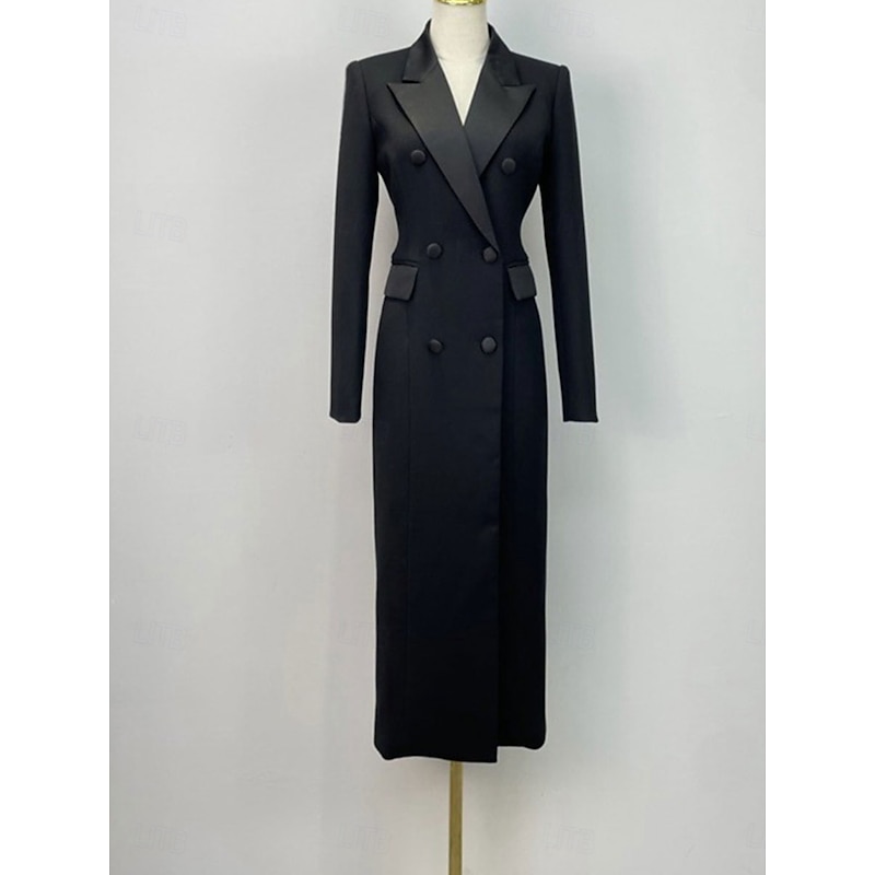 Tuxedo Dress Sheath Formal Wedding Guest Formal Evening Satin Elegant Long Sleeve Ankle Length Shirt Collar Double Breasted2