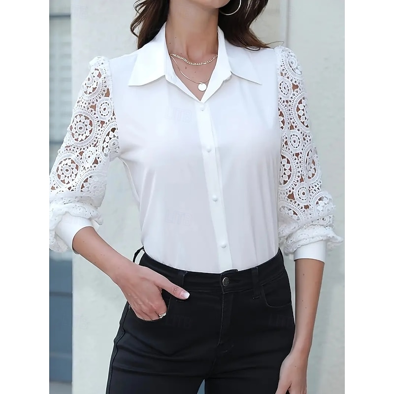 Women's Blouse Solid Color Elegant Long Sleeve Shirt Collar Regular Tops Daily Lace Buttons Cut Out Black White Spring Fall3