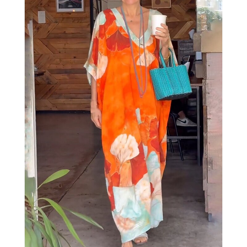 Women's Long Dress Maxi Dress Floral Dress Print Dress Classic Modern Outdoor Vacation Daily Regular Fit Flower 3/4 Length Sleeve V Neck Pink Blue Orange Summer2