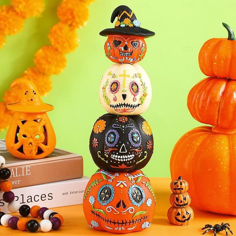 4pcs Halloween Pumpkin Figurines - Resin Table Decorations for Holiday Party
