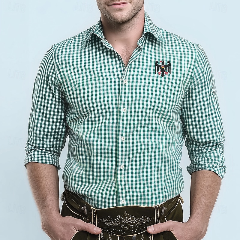 Men's Plaid Checkered Traditional Oktoberfest Shirt Button Up Shirt Trachten Shirts Long Sleeve Casual Dailywear Holiday Summer Spring Turndown 3D Print Linen Like Shirt Pink Green2