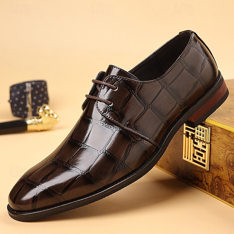 Men's Dark Brown Faux Crocodile Leather Oxford Shoes – Elegant Lace-Up Footwear for Business Meetings & Special Occasions
