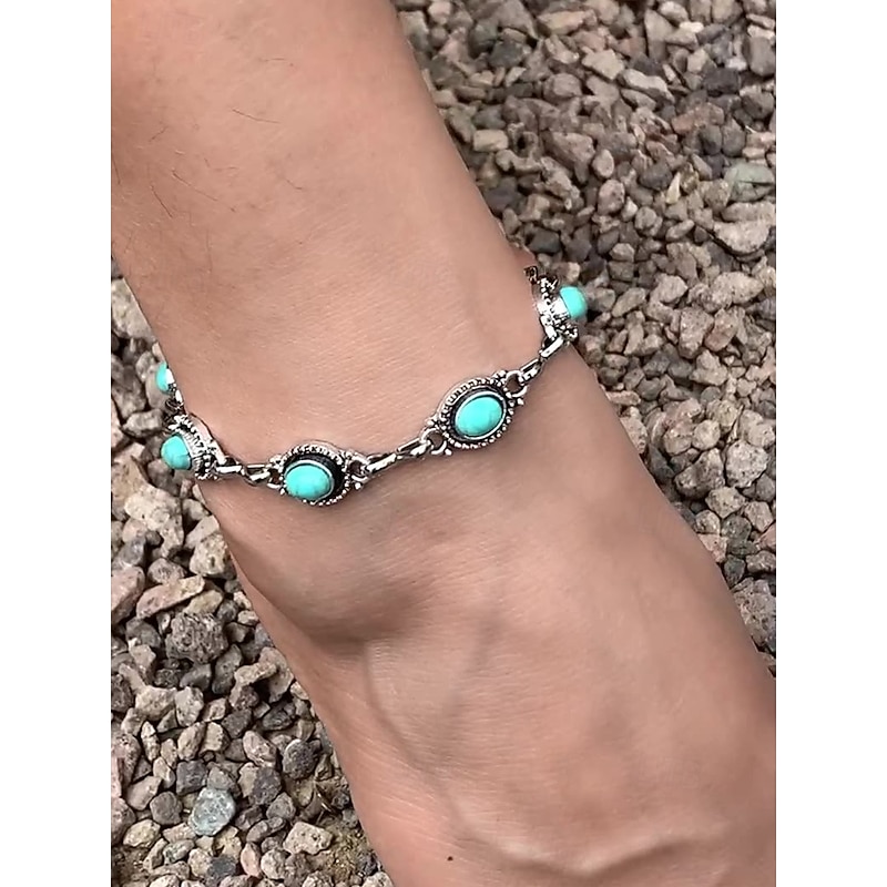 Women's Vintage Boho Turquoise Stone Anklet – Adjustable Silver Chain Bracelet with Oval Gem Charms for Summer Beach, Festival and Casual Wear2