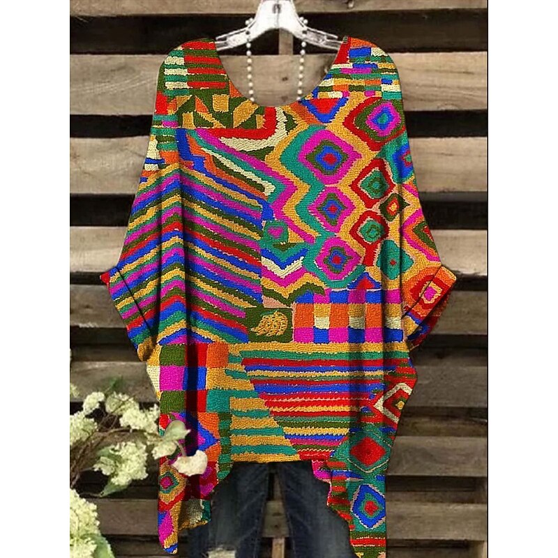 Women's Boho Shirt Floral Graphic Geometric Elegant Bohemia Active Short Sleeve Batwing Sleeve Crew Neck Regular Tops Daily Holiday Beach Wear Print White Yellow Red Blue Purple Summer Spring3