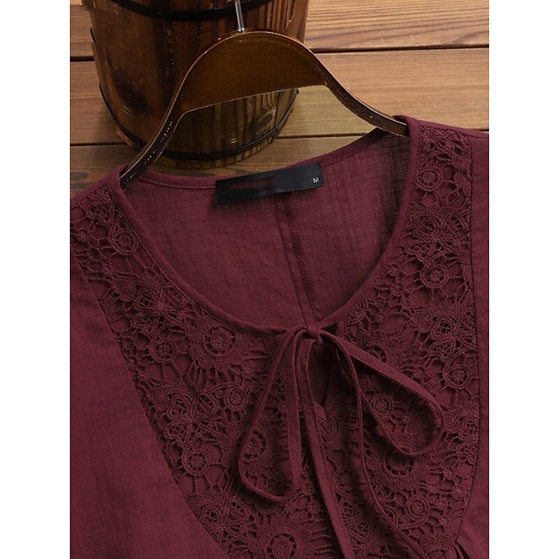 Women's Cotton Linen Shirts Solid Color Stylish Casual 3/4 Length Sleeve V Neck Regular Tops Daily Lace Patchwork Black White Wine Navy Blue Summer Spring4