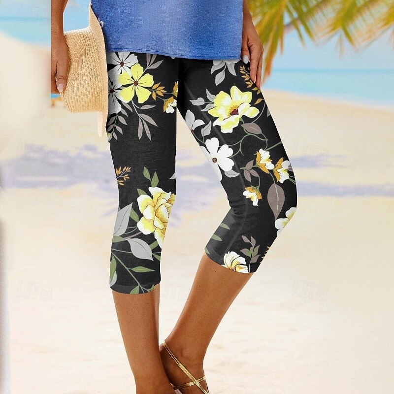 Women's Capri Pants Leggings Cozy Leggings Streetwear Casual Calf-Length High Waist Floral Elastic Waist Breathability Stretchy Vacation Street Daily Wear Black Grey Black White Blue Summer Regular3