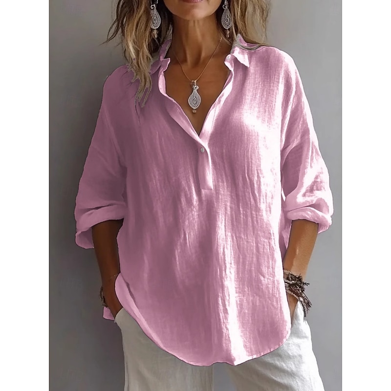 Women's 100% Cotton Blouse Solid Color Basic Casual Long Sleeve Shirt Collar Regular Tops Daily Buttons White Pink Purple Green Summer2