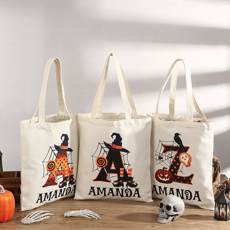 Personalized Name Halloween Treat Bag for Kids Custom Initial Candy Tote Bag Basket for Trick or Treat, Halloween-Themed Gift with Custom Name and Initial, Unique Trick-or-Treater Present for Boys and Girls