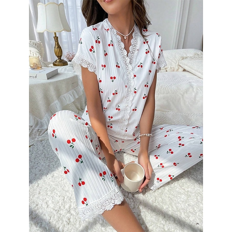 Women's Pajama Set Casual Comfort Cherry Elastic Waist Shirt Pant Home Daily Short Sleeve V Neck White Summer Spring Fall Regular Fit2