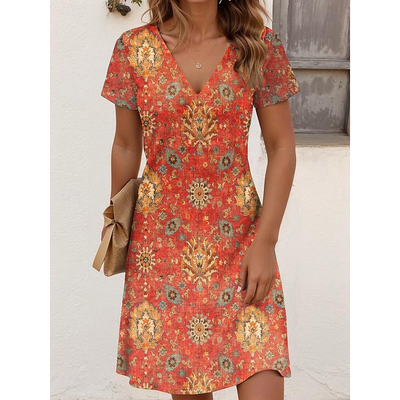 Women's Mini Dress T Shirt Dress Tee Dress Sundress Vacation Casual Boho Going out Regular Fit Graphic Paisley Short Sleeve V Neck Black Gold Ash Black Red Summer Spring2