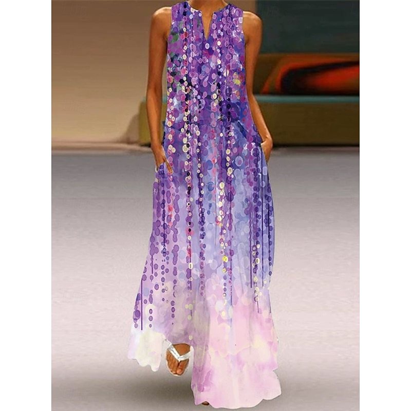 Women's Maxi Dress Sundress A Line Dress Summer Dress Vacation Casual Boho Holiday Loose Fit Ombre Floral Graphic Sleeveless V Neck Notched Neck Aqua Blue Sage Green Lilac Summer Spring2