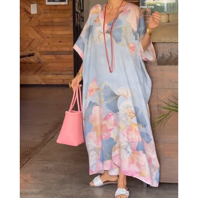 Women's Long Dress Maxi Dress Floral Dress Print Dress Classic Modern Outdoor Vacation Daily Regular Fit Flower 3/4 Length Sleeve V Neck Pink Blue Orange Summer3
