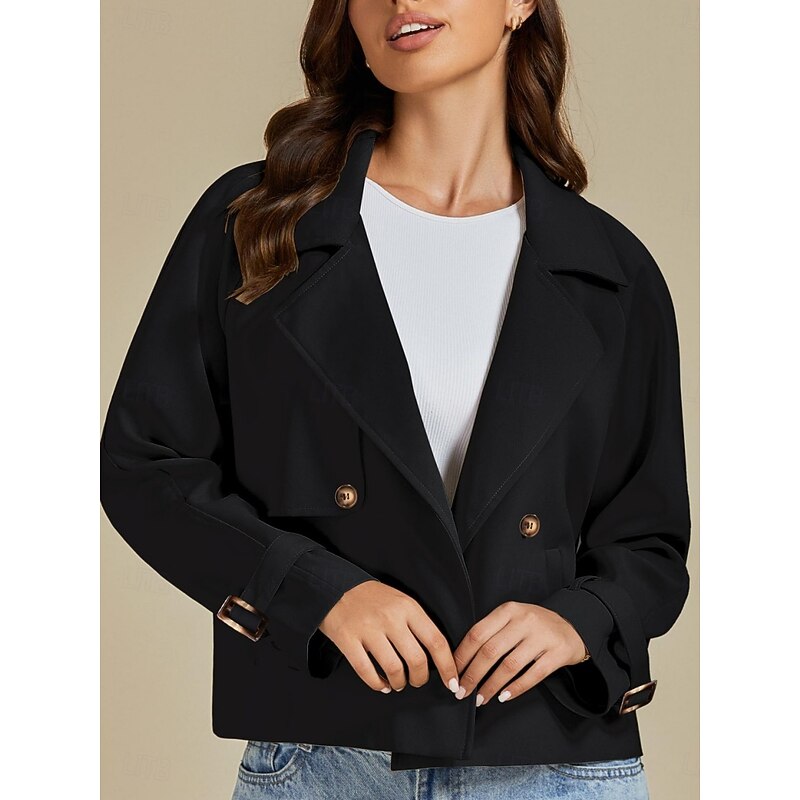 Women's Casual Jacket Comfortable Breathable Buttons Casual Plain Vacation Street Casual Daily Wear Double Breasted Short Turndown Regular Fit Long Sleeve Outerwear Black Spring Fall3