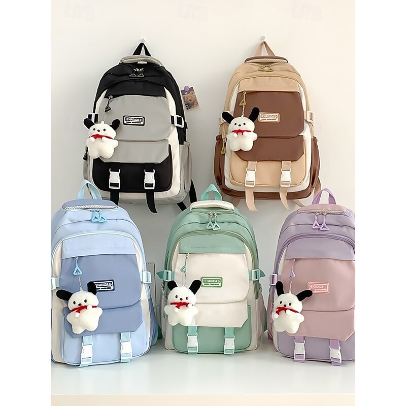 Teenage Colorblock Backpack with Plush Keychain – Multi-Pocket School Bag for Girls and Boys, Ideal for Middle School, High School and Daily Use Black Blue Purple3