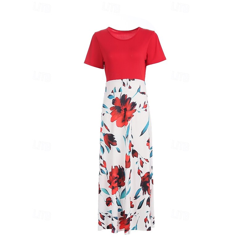 Women's Long Dress Maxi Dress Floral Dress Print Dress Fashion Classic Modern Outdoor Vacation Holiday Regular Fit Flower Short Sleeve Crew Neck Pink Red Blue Summer4