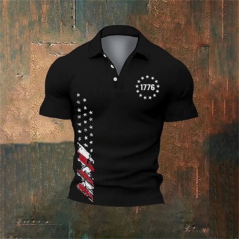 American Independence Day Men's American US Flag Polo Shirts Button Up Polos Golf Shirt Short Sleeve Polo Shirts Lapel Fashion Casual Daily Festival Print Summer Black White Navy Blue2