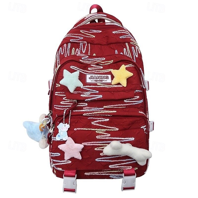 Kids and Teen Girls' Kawaii Backpack – Red Cartoon School Bag with 3D Star and Bone Charms for Daily Use and Travel3