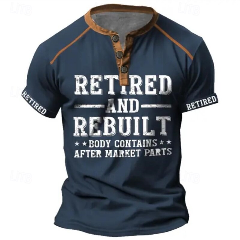 Men's Short Sleeve Henley Graphic Tee: Retired & Rebuilt Body Aftermarket Parts Humor4