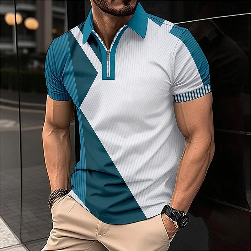 Men's Line Zip Polo Short Sleeve Turndown Business Casual Daily Sports & Outdoor Athleisure Zipper Color Block Summer Grey Black Blue4