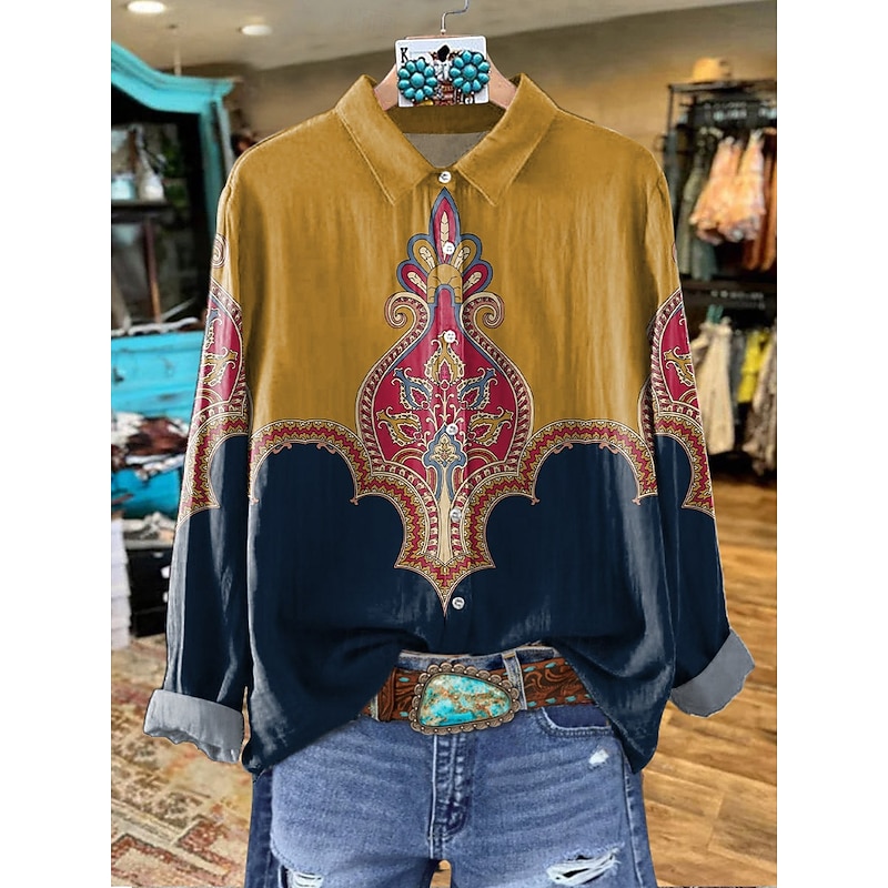 Women's Shirt Button Down Tunic Shirt Collar Long Sleeve Floral Graphic Western Casual Regular Tops Work Daily s Print Blush Pink Yellow Red Spring Fall Winter2