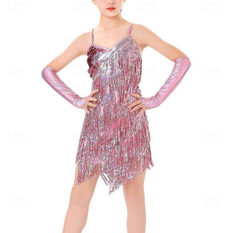 Latin Dance Dress Glitter Tassel Paillette Girls' Performance Party Sleeveless Natural Sequined