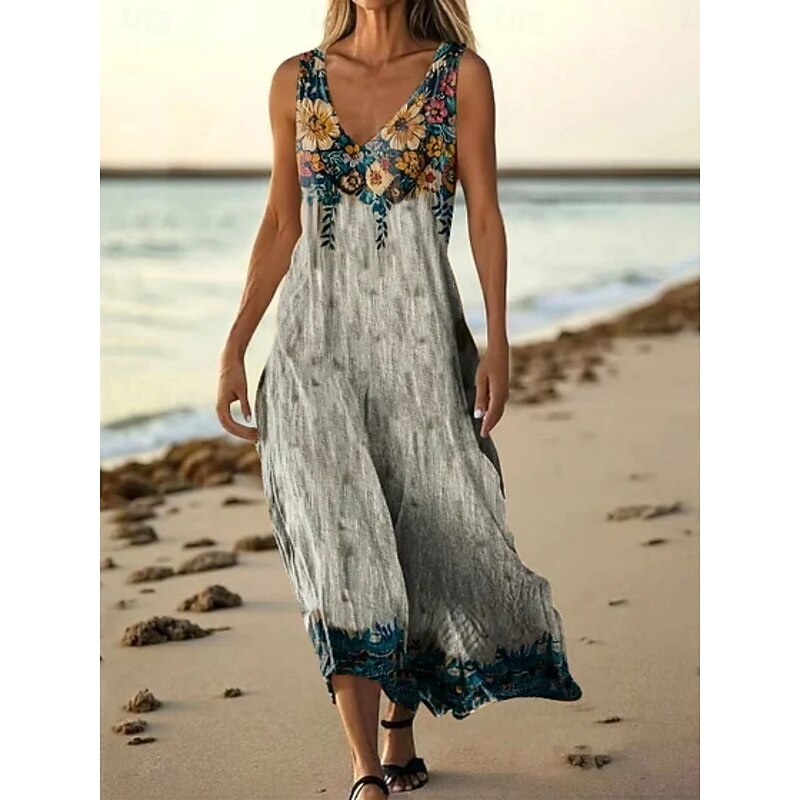 Women's Long Dress Maxi Dress Casual Dress Tank Dress Summer Dress African Daily Holiday Beach Regular Fit Floral Sleeveless V Neck Grey Summer