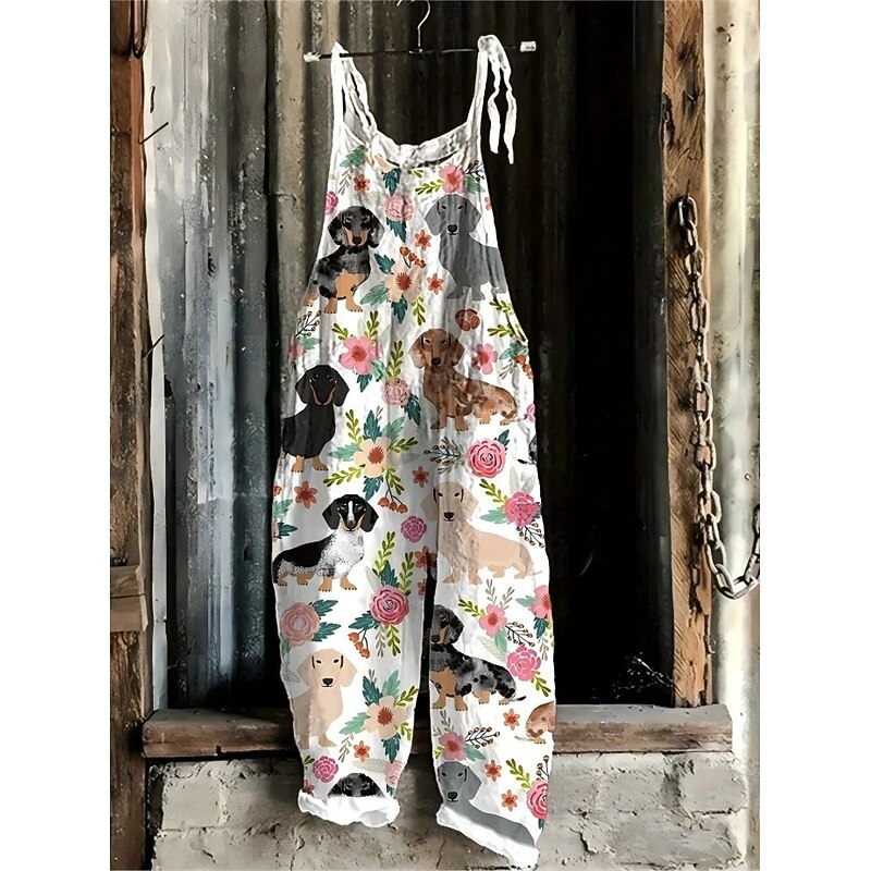 Women's Overalls Vacation Vintage Ethnic Style Long High Waist Animal Color Block Drawstring Inelastic Formal Vacation Street White Blue Light Slate Gray Summer Spring Fall Loose Fit