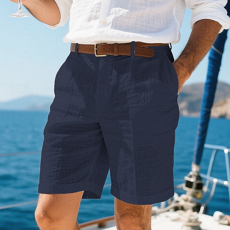 Men's Shorts Linen Shorts Summer Shorts Beach Shorts Pocket Back Pocket Buttons Plain Comfort Breathable Short Vacation Holiday Beach Hawaiian Boho Black White2