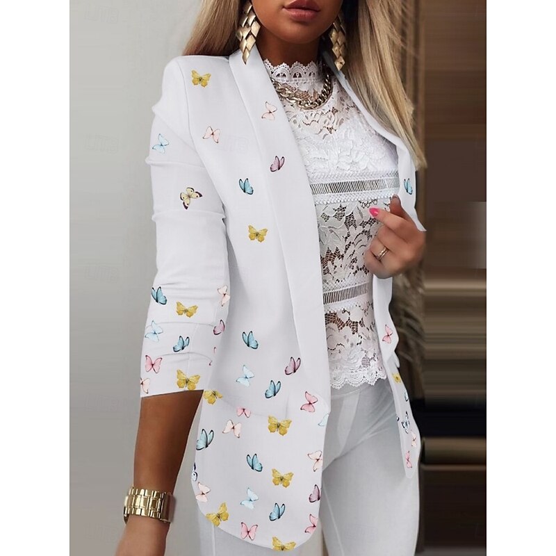 Women's Blazer Comfortable Breathable Pocket Print Casual Geometric Office Street Casual Daily Wear Open Front Regular Turndown Regular Fit Long Sleeve Outerwear Black White Pink Summer Spring3