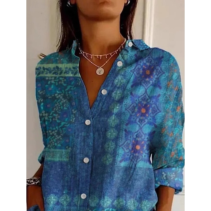 Women's Shirt Floral Graphic Vintage Ethnic Long Sleeve Shirt Collar Regular Tops Daily Holiday Buttons Print Blue Spring Fall2