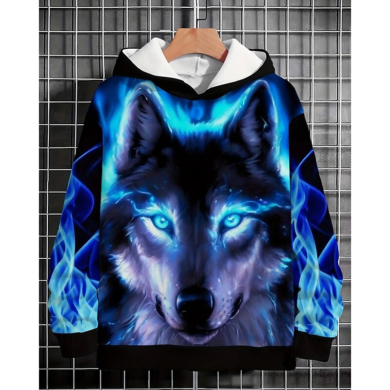 Boys' 3D Wolf Hoodie Long Sleeve Spring Fall Fashion Streetwear Kids 4-12 Years Hooded Outdoor Casual Daily Regular Fit