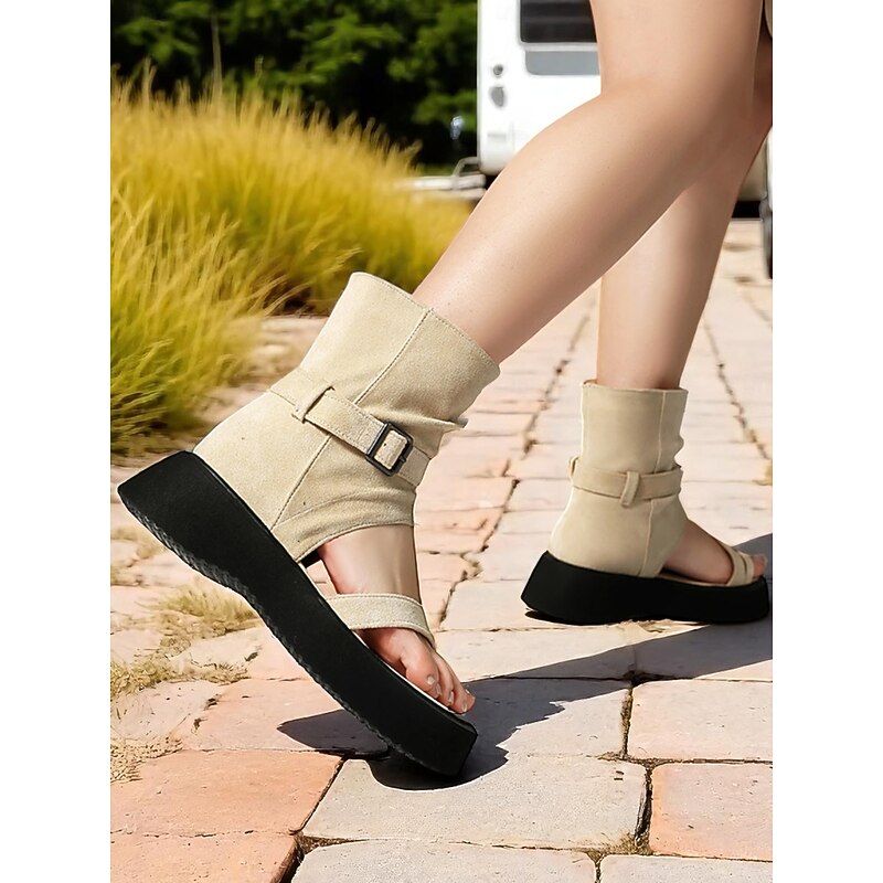 Women's Beige Ankle Wrap Gladiator Sandals with Buckle Strap and Black Platform Sole – Casual Travel Shoes for Summer, Camping, and Outdoor Adventures4