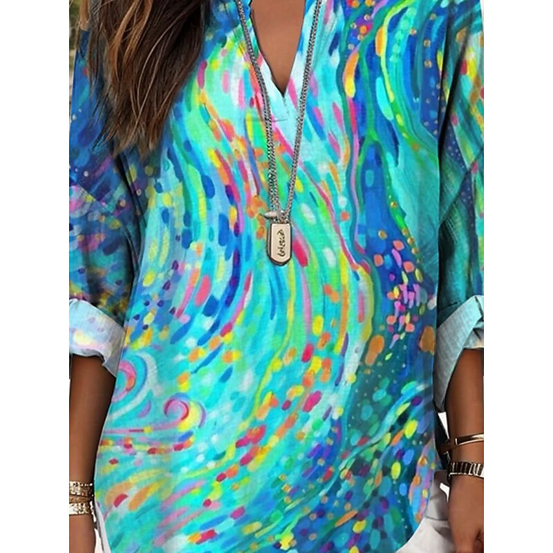 Women's Blouse Tunic V Neck Long Sleeve Boho Casual Tops Graphic Geometric Elegant Stylish Regular Tops Daily Print Blue3