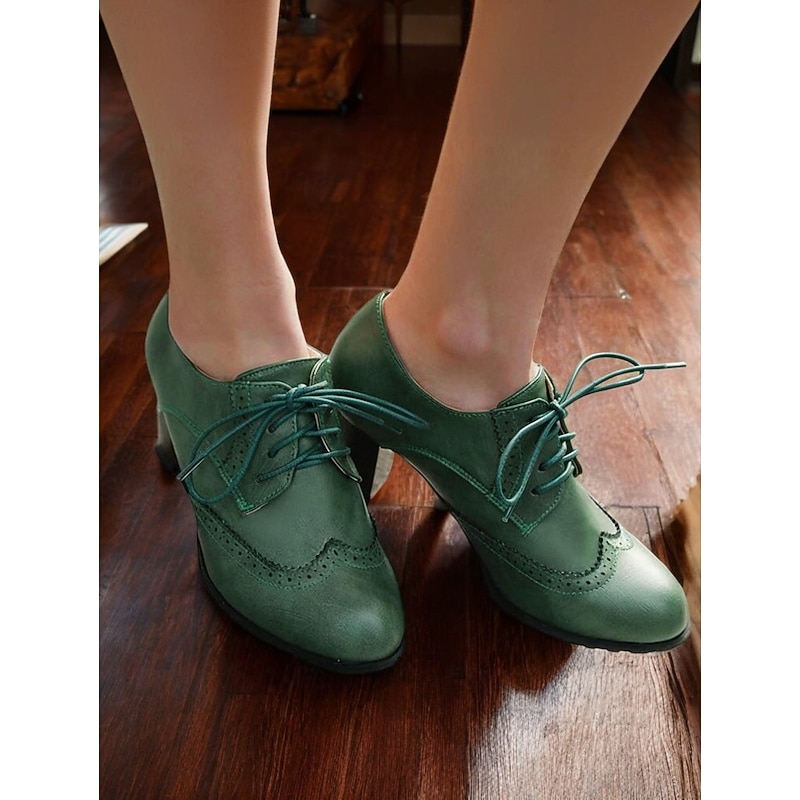 Women's Green Brogue Oxford Heels - Vintage Lace-Up Leather Shoes with Chunky Heel for Office and Casual Wear