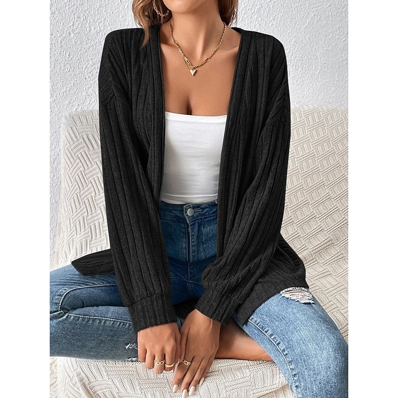 Women's Casual Jacket Breathable Comfortable Oversized Casual Plain Vacation Street Casual Daily Wear Open Front Regular Collarless Regular Fit Long Sleeve Outerwear Black Summer Spring